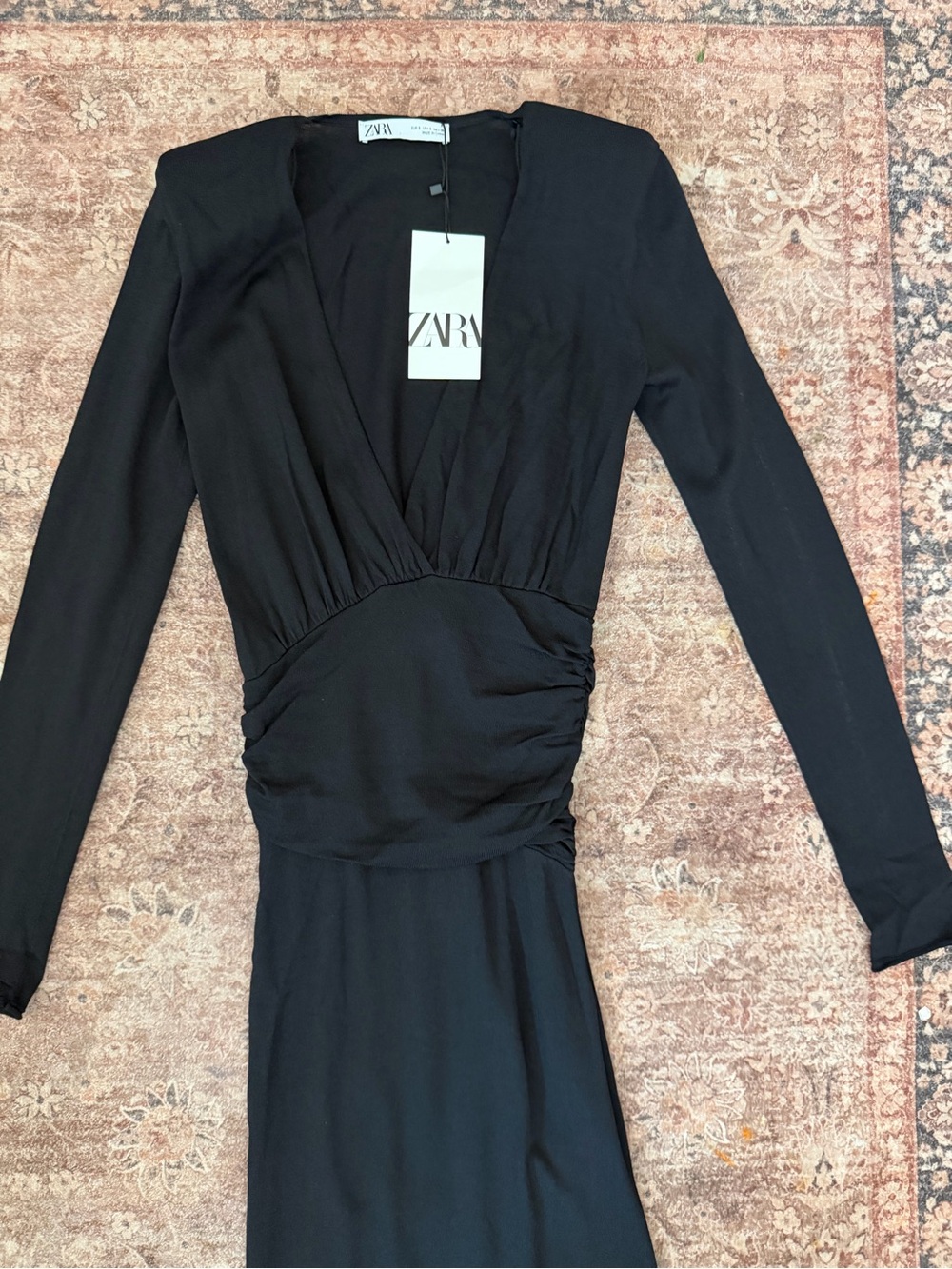Zara Black Long Sleeve V-Neck Ruched Long Dress with Shoulder Pads